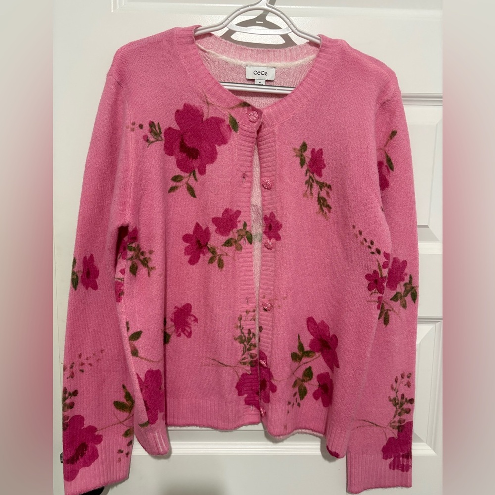 NWT CeCe Pink Floral Cardigan Sweater in Size Medium